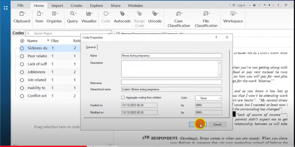 Image showing the creation of a code in Nvivo 14