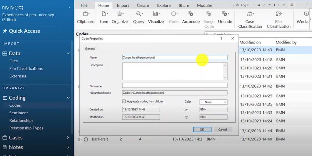 Image showing the renaming/ creation of theme in Nvivo 14