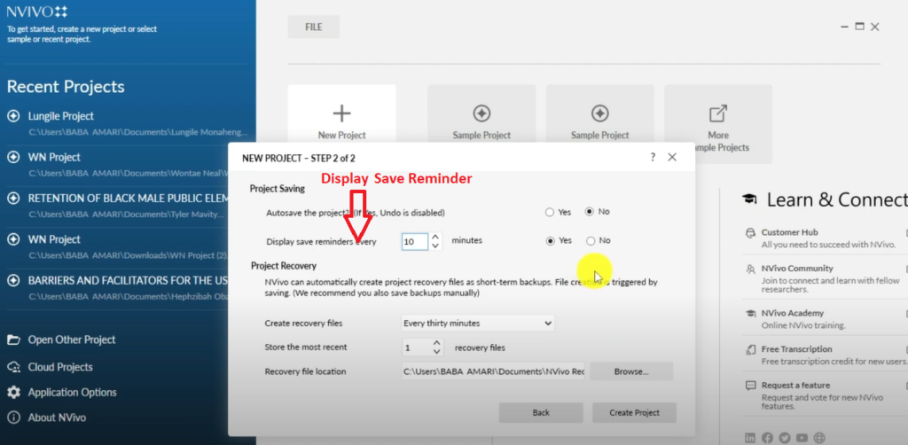 Image showing the display reminder section in Nvivo 14