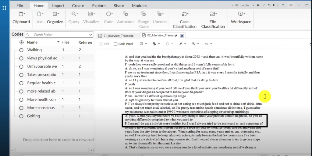 Image showing a section of a transcript in Nvivo 14