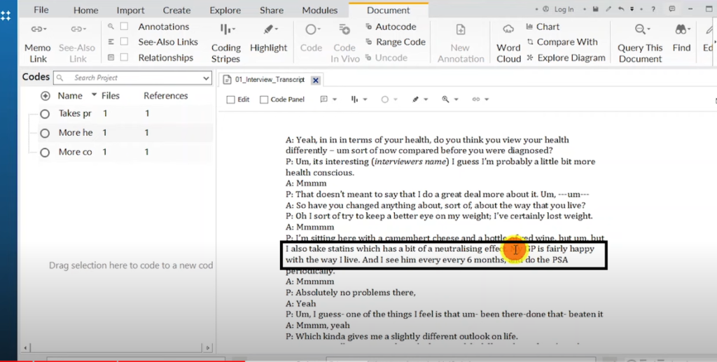 Image highlighting a section of a transcript in Nvivo 14