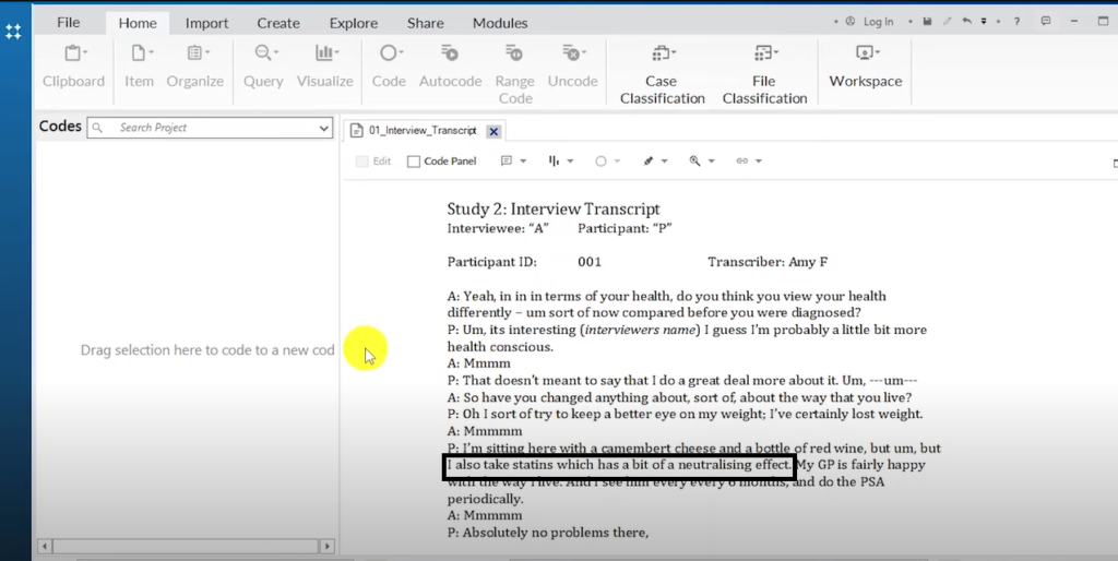 Image showing part of a Transcript in Nvivo 14