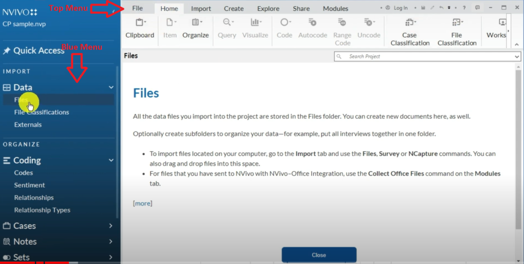 Image showing the blue menu and the top menu in Nvivo 14