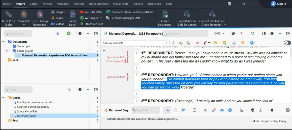 Image showing a section of a transcript in Max QDA