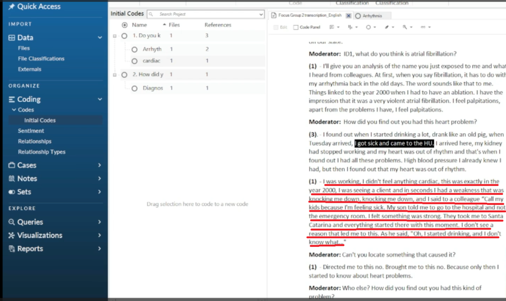 Image showing a section of a transcript in Nvivo 14.