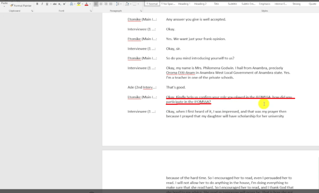 Image showing a section of the transcript in Microsoft Word.