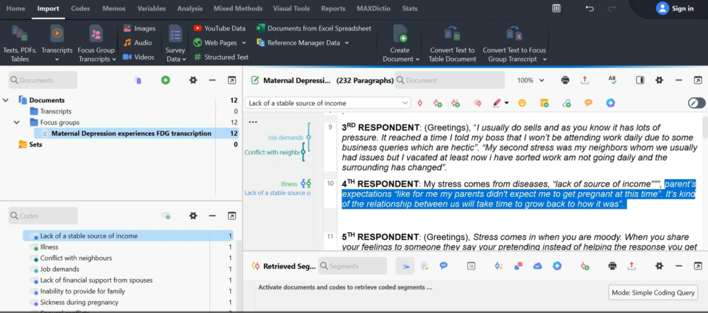 Image highlighting a section of a transcript in Max QDA