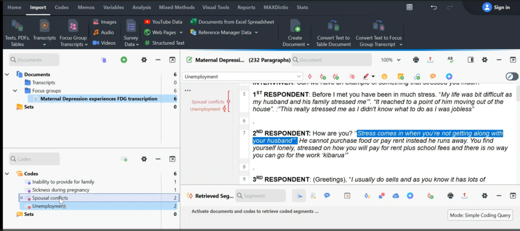 Image highlighting a section of a transcript in Max QDA