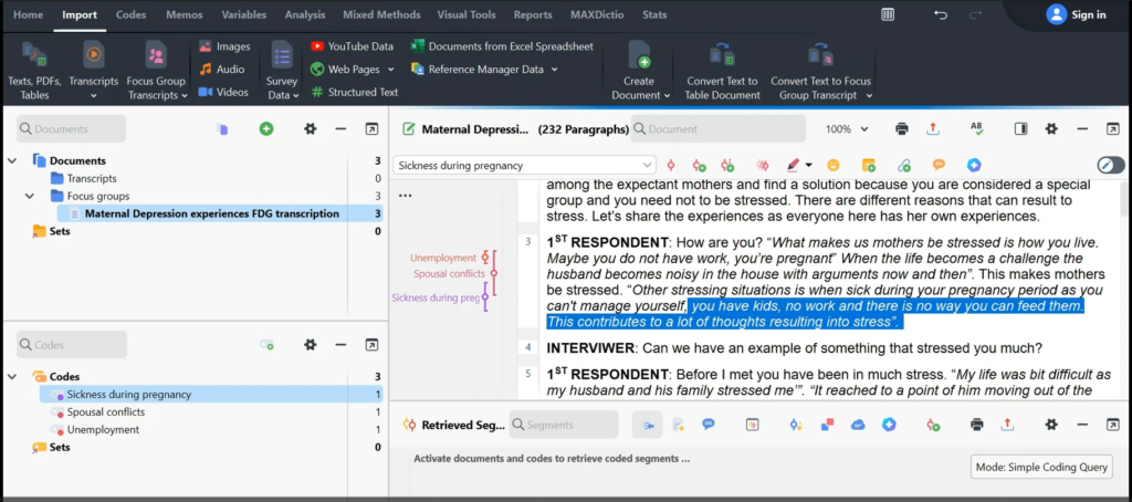 Image highlighting a section of a transcript in Max QDA