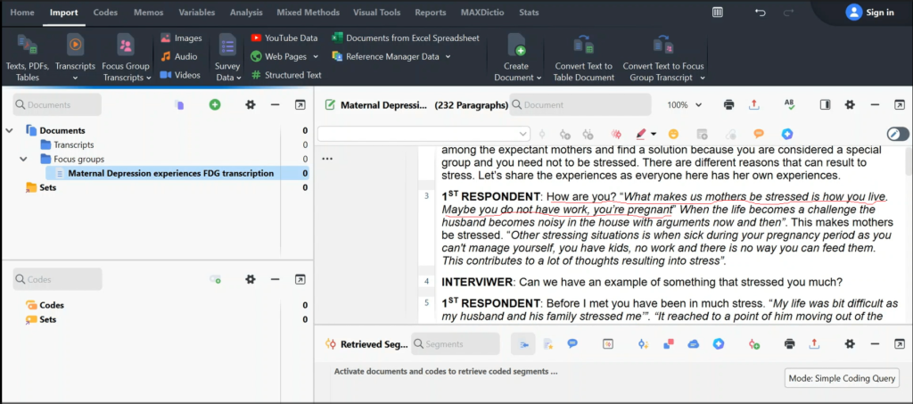 Image highlighting a section of a transcript in Max QDA