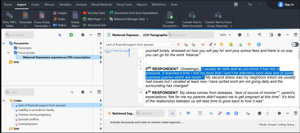 Image showing a section of a transcript in Max QDA