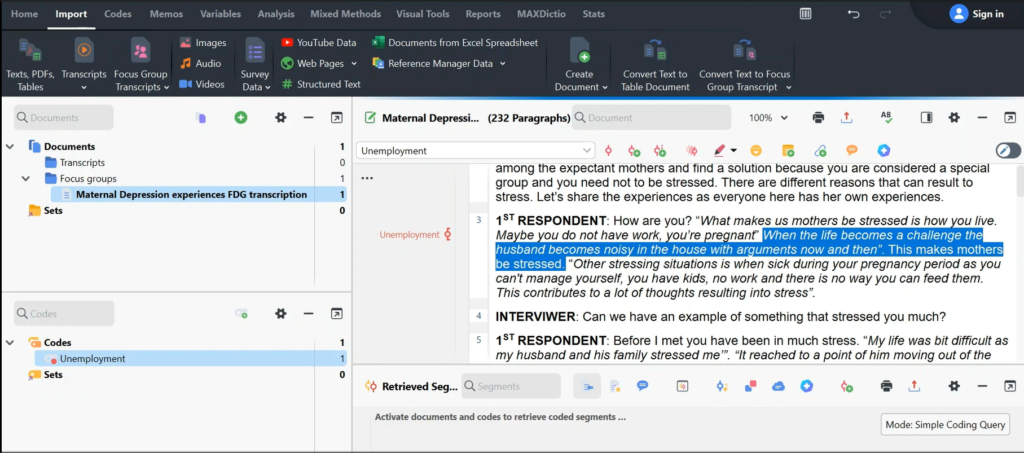 Image showing a section of a transcript in Max QDA