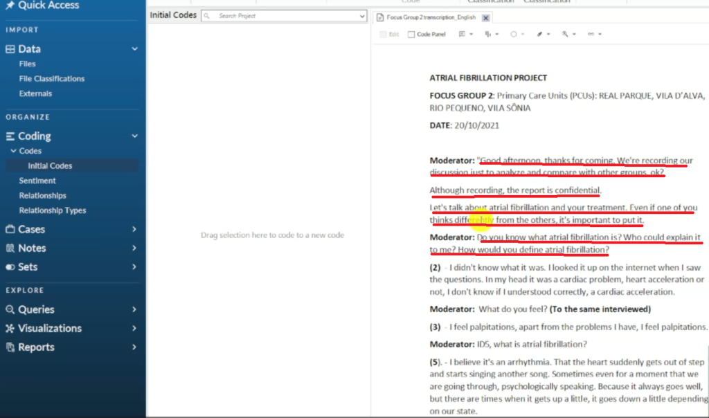 Image highlighting a section of a transcript in Nvivo 14