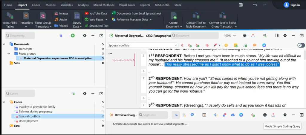 Image showing a section of a transcript in Max QDA