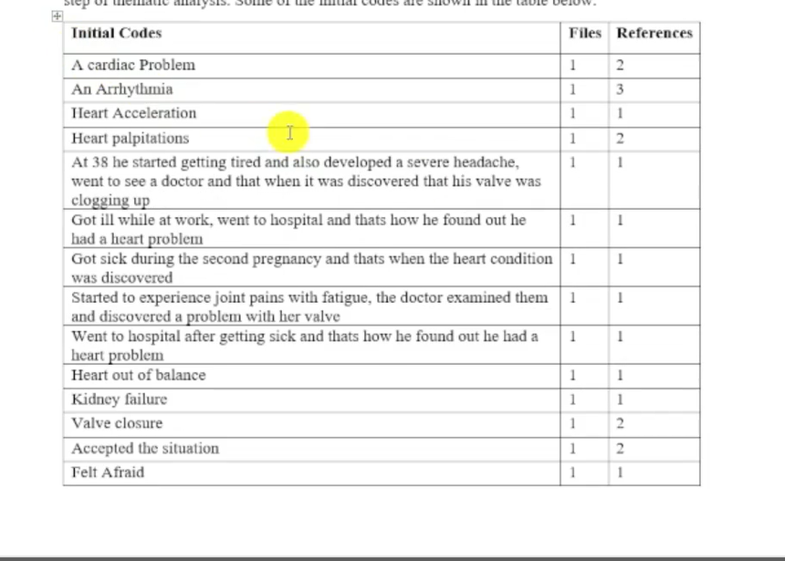 Image showing a table in a data analysis report after thematic analysis.