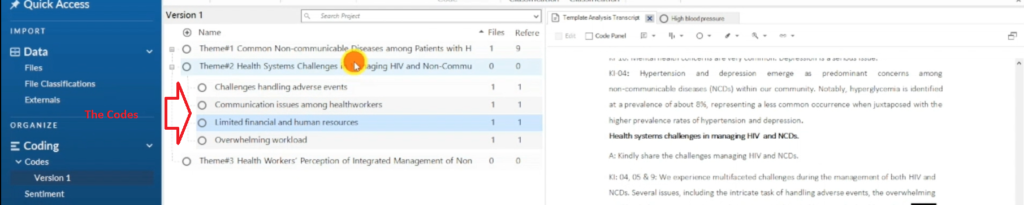 Image showing codes in a theme in Nvivo 14