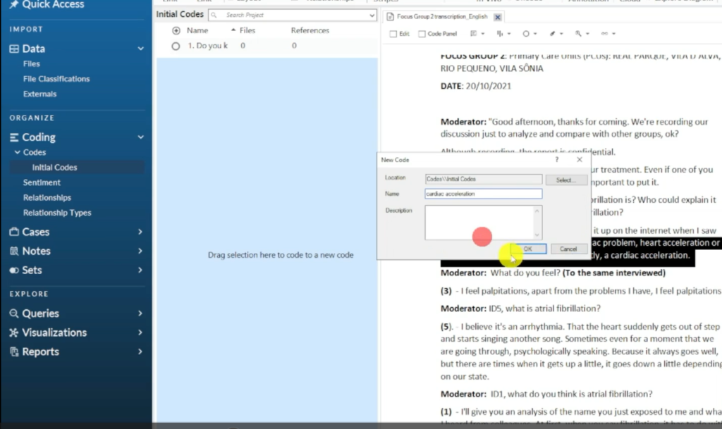 Image showing the creation of a code in Nvivo 14