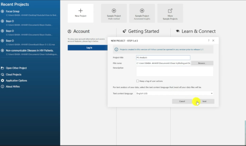 Image showing the creation of a project in Nvivo 14.