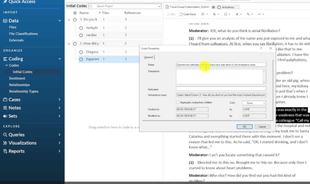 Image showing the creation of a code in Nvivo 14