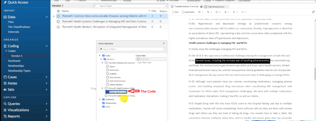 Image showing the creation of a code in Nvivo 14