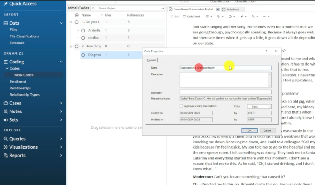 Image showing the creation of a code in Nvivo 14