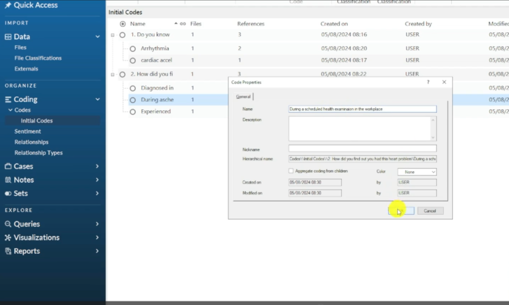 Image showing the creation of a code in Nvivo 14
