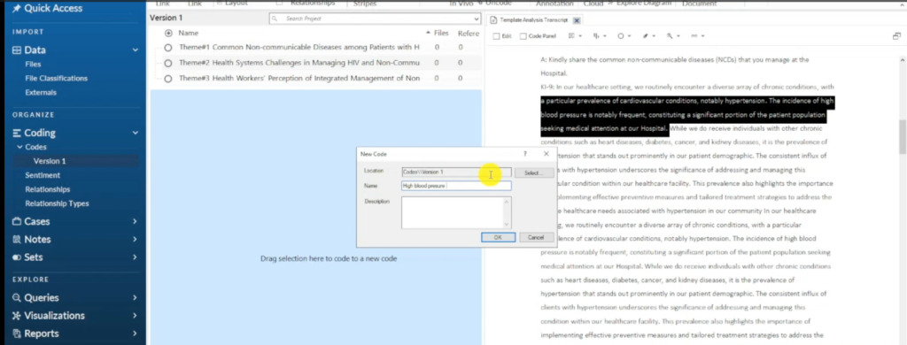 Image showing the creation of a code in Nvivo 14