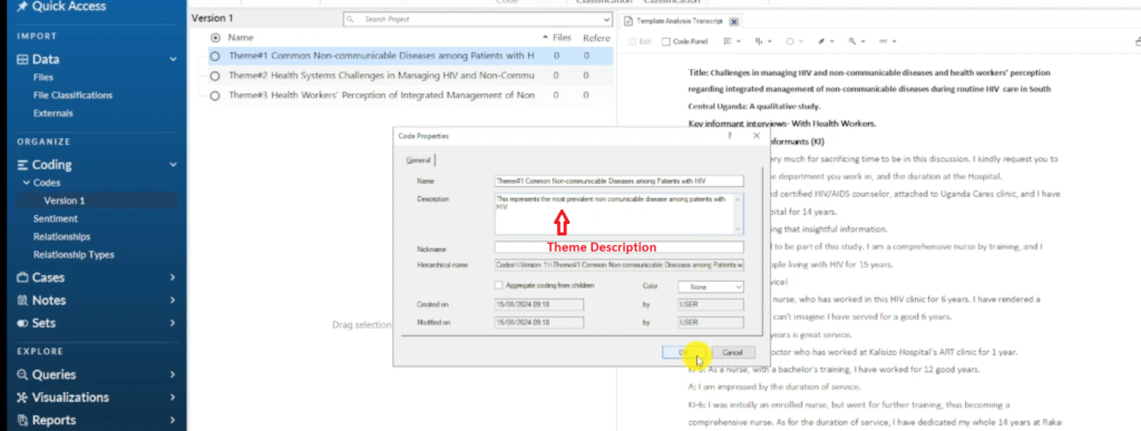 Image showing the description of a theme in Nvivo 14