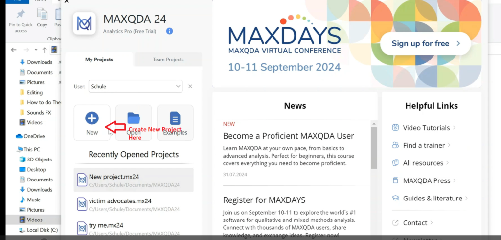 Image pointing at new project section in Max QDA