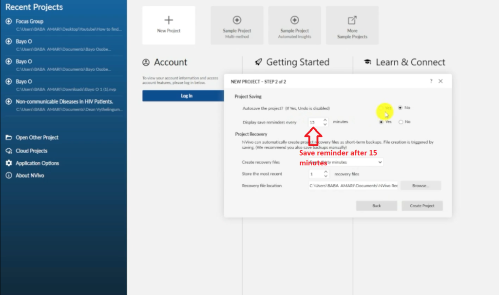 Image showing the save reminder button in Nvivo 14