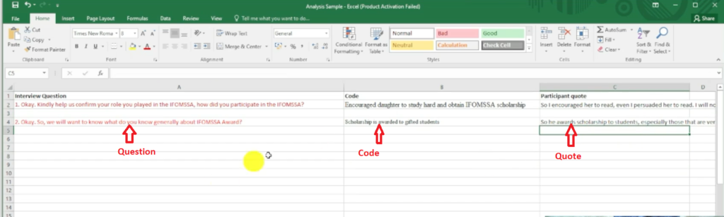 Image showing question, code, and quote in Microsoft Excel.