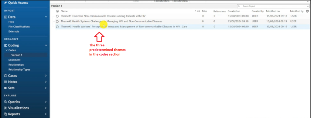 Image showing three predetermined themes in the codes section of Nvivo 14