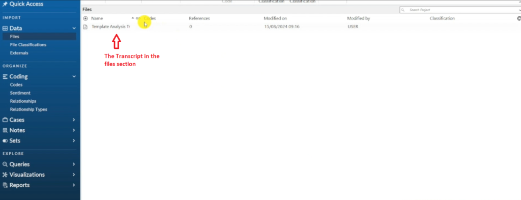 Image showing the transcript in the files section in Nvivo 14