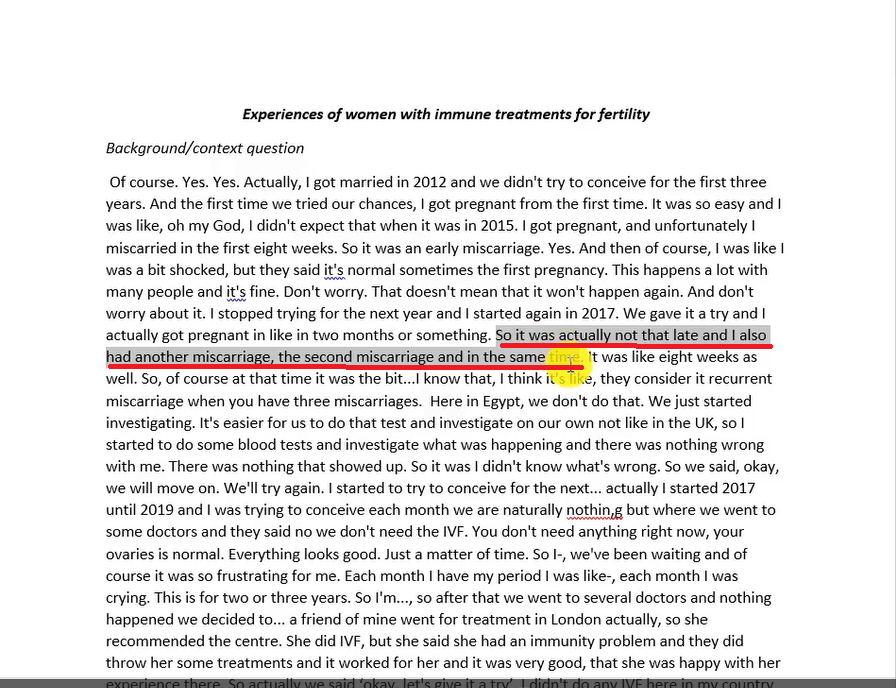 Image highlighting a section of a transcript in MS Word