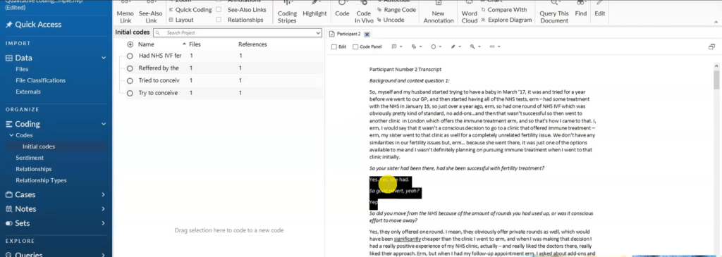 Image highlighting a section of a transcript in Nvivo