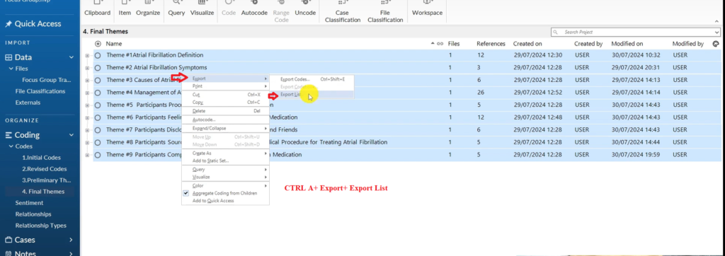 Image showing the process of exporting the code list in Nvivo 14