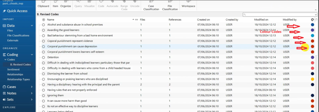 Image showing colour coded codes in Nvivo