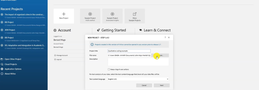 Image showing the creation of a project in Nvivo 14.