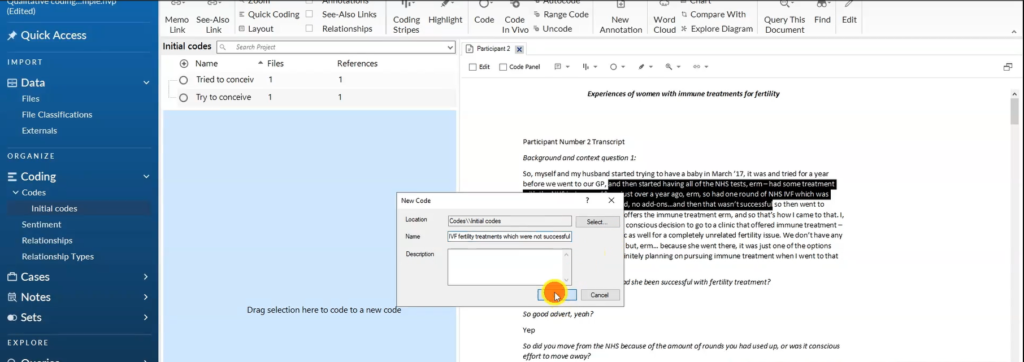 Image showing the creation of a code in Nvivo
