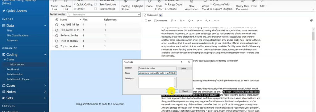 Image showing the creation of a code in Nvivo