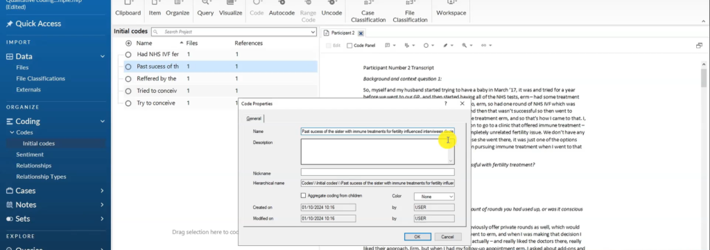 Image showing the creation of a code in Nvivo