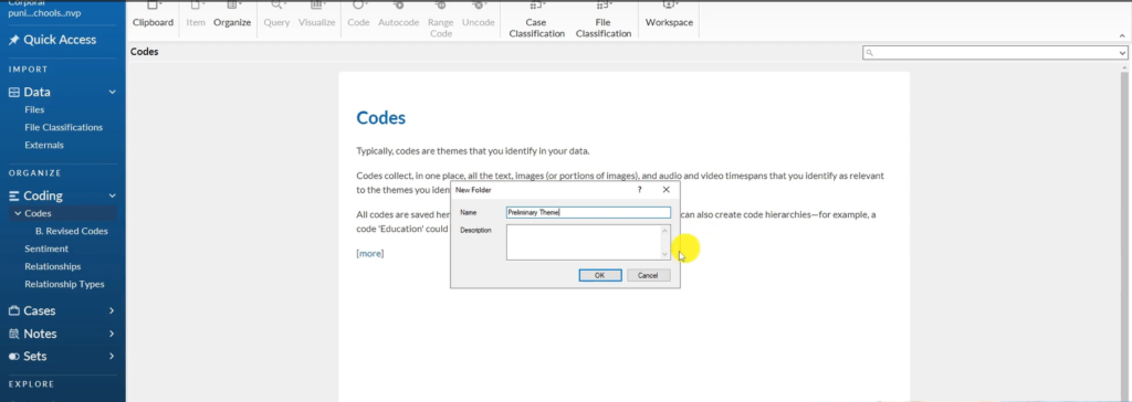 Image showing the creation of a folder called preliminary theme