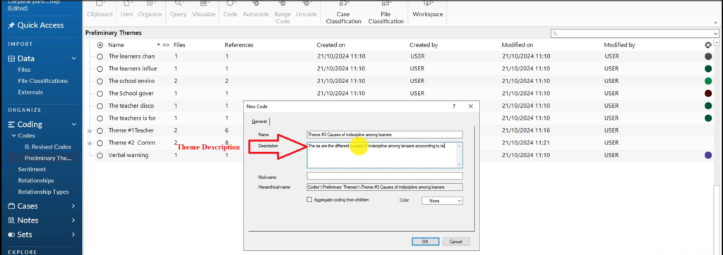 Image showing the description of a theme in Nvivo 14