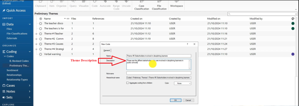 Image showing the description of a theme in Nvivo 14