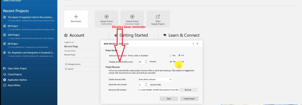 Image showing the display save reminder button in Nvivo 14