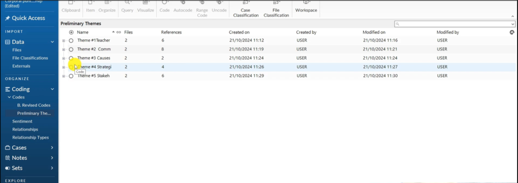 Image showing a list of themes in Nvivo 14 