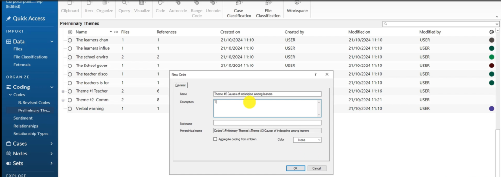 Image showing the creation of a theme in Nvivo 14