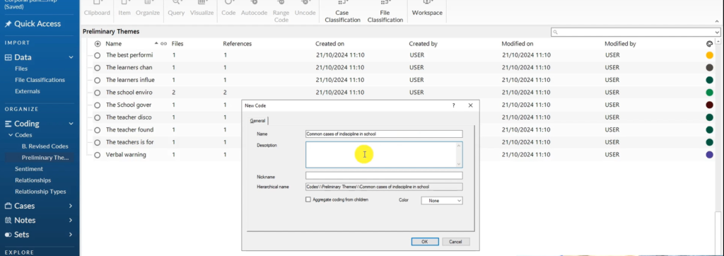 Image showing the creation of a theme in Nvivo 14