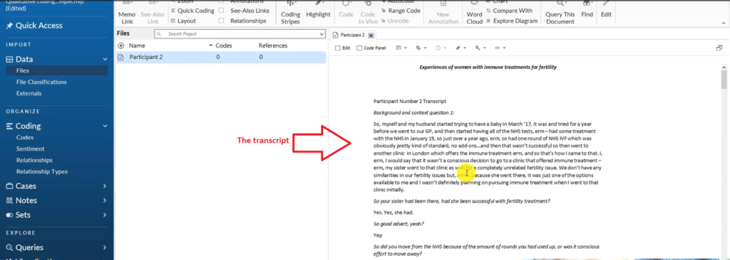 Image showing a transcript in the files section in Nvivo