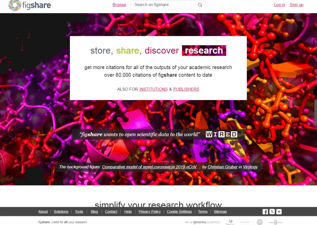Homepage of figshare a website where students share different materials
